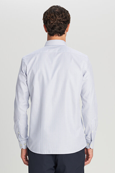 Non-Iron Ütü Gerektirmeyen %100 Pamuk Slim Fit Dar Kesim Klasik Yaka Armürlü Mavi-Beyaz Gömlek resmi