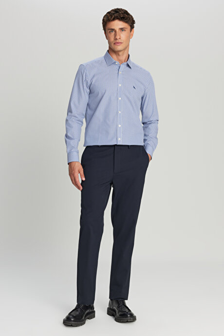 Non-Iron Ütü Gerektirmeyen %100 Pamuk Slim Fit Dar Kesim Klasik Yaka Armürlü Mavi-Gri Gömlek resmi