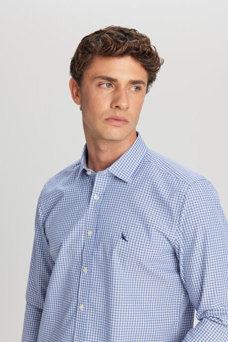 Non-Iron Ütü Gerektirmeyen %100 Pamuk Slim Fit Dar Kesim Klasik Yaka Armürlü Mavi-Gri Gömlek resmi