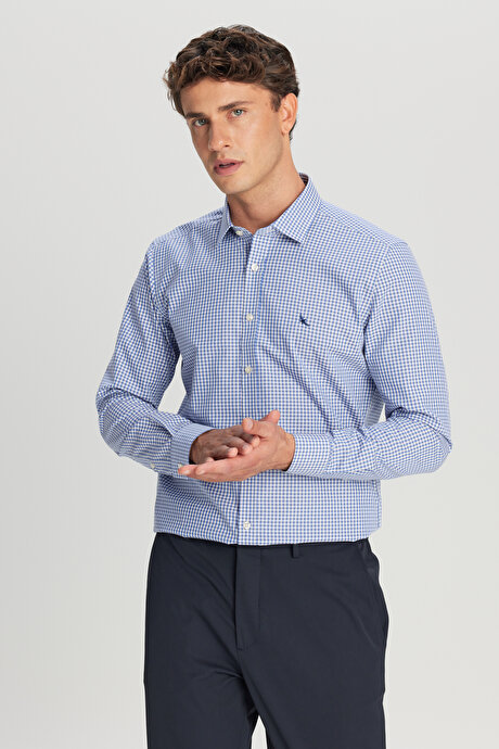 Non-Iron Ütü Gerektirmeyen %100 Pamuk Slim Fit Dar Kesim Klasik Yaka Armürlü Mavi-Gri Gömlek resmi