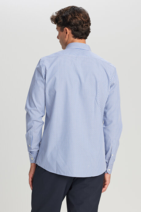 Non-Iron Ütü Gerektirmeyen %100 Pamuk Slim Fit Dar Kesim Klasik Yaka Armürlü Mavi-Gri Gömlek resmi