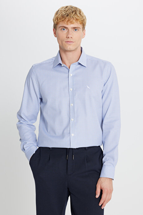 Non-Iron Ütü Gerektirmeyen %100 Pamuk Slim Fit Dar Kesim Klasik Yaka Armürlü Mavi Haki Gömlek resmi