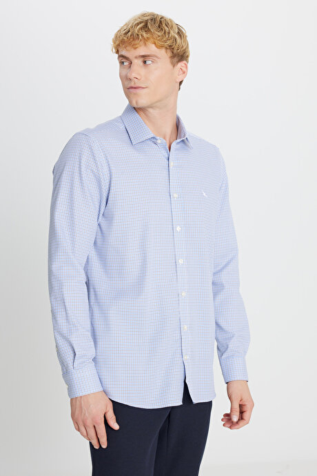 Non-Iron Ütü Gerektirmeyen %100 Pamuk Slim Fit Dar Kesim Klasik Yaka Armürlü Mavi Haki Gömlek resmi