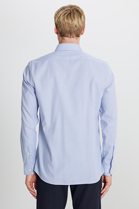 Non-Iron Ütü Gerektirmeyen %100 Pamuk Slim Fit Dar Kesim Klasik Yaka Armürlü Mavi Haki Gömlek resmi