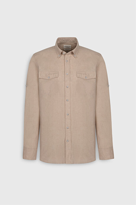 Slim Fit Dar Kesim Düğmeli Yaka %100 Pamuk Bej Gömlek resmi