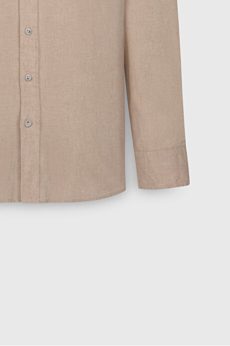 Slim Fit Dar Kesim Düğmeli Yaka %100 Pamuk Bej Gömlek resmi