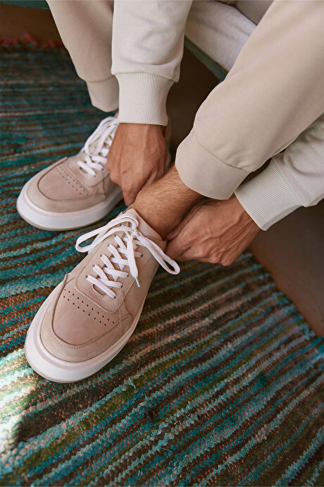 %100 Nubuk Esnek Rahat Taban Sneaker Bej Ayakkabı resmi