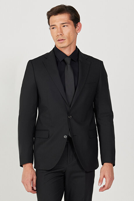 Su Geçirmez Slim Fit Dar Kesim Mono Yaka Yünlü Nano Siyah Takım Elbise resmi