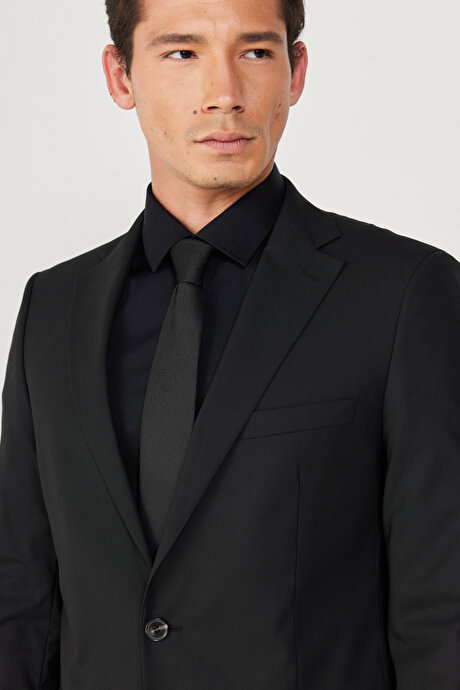 Su Geçirmez Slim Fit Dar Kesim Mono Yaka Yünlü Nano Siyah Takım Elbise resmi