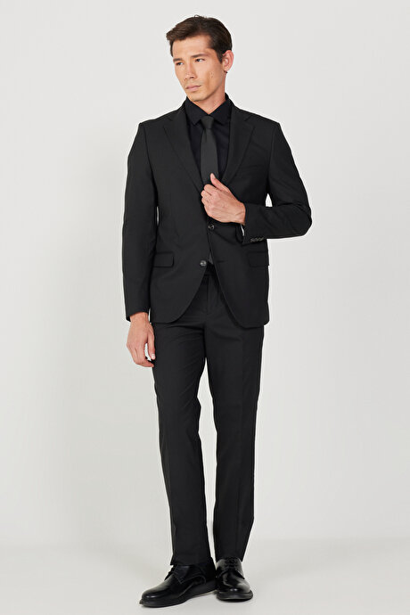 Su Geçirmez Slim Fit Dar Kesim Mono Yaka Yünlü Nano Siyah Takım Elbise resmi