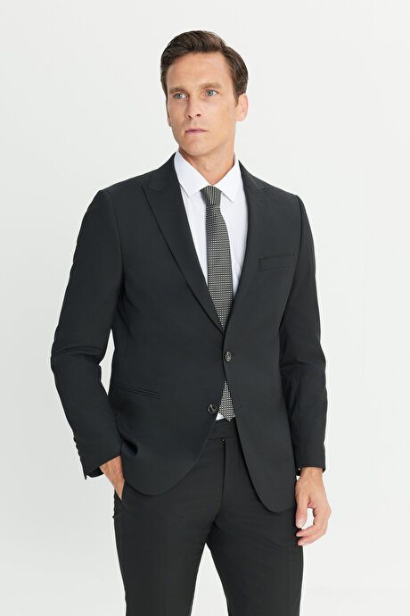 Su Geçirmez Ekstra Slim Fit Kırlangıç Yaka Yünlü Nano Siyah Takım Elbise resmi