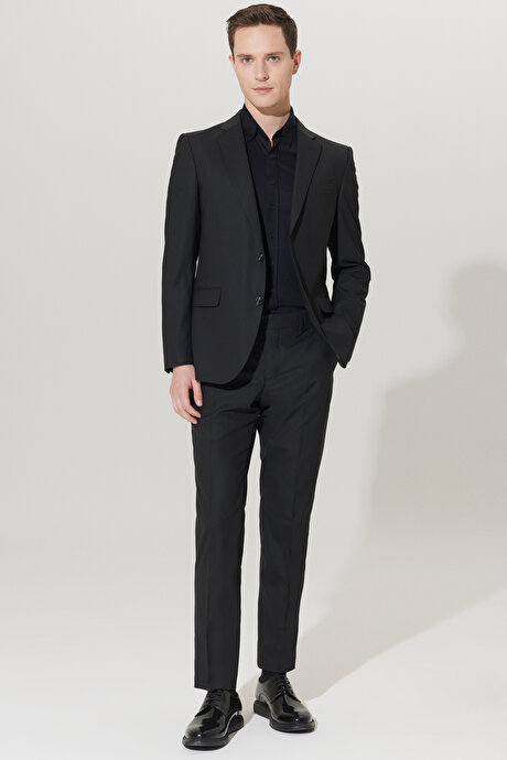 Su Geçirmez Regular Fit Geniş Kesim Mono Yaka Yünlü Nano Siyah Takım Elbise resmi