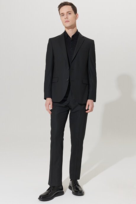 Su Geçirmez Regular Fit Geniş Kesim Mono Yaka Yünlü Nano Siyah Takım Elbise resmi