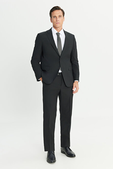 Su Geçirmez Regular Fit Geniş Kesim Mono Yaka Yünlü Nano Siyah Takım Elbise resmi