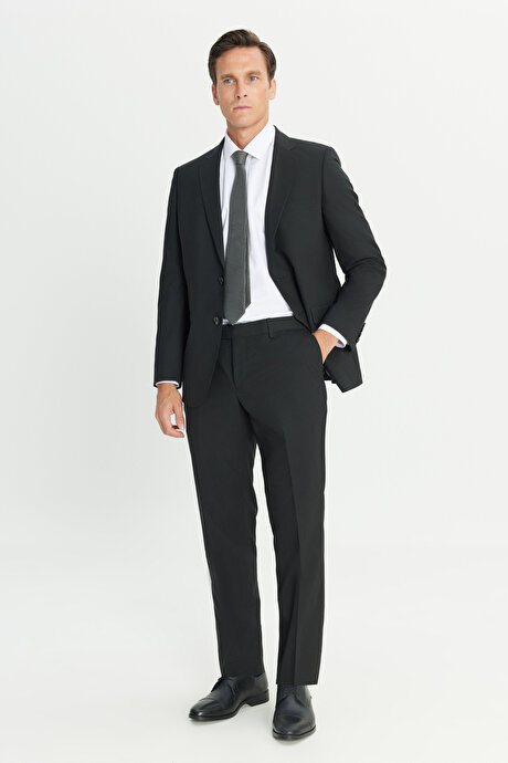 Su Geçirmez Regular Fit Geniş Kesim Mono Yaka Yünlü Nano Siyah Takım Elbise resmi