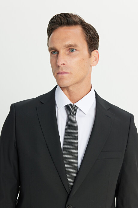 Su Geçirmez Regular Fit Geniş Kesim Mono Yaka Yünlü Nano Siyah Takım Elbise resmi