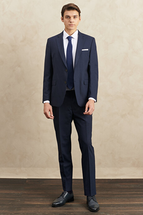 Su Geçirmez Regular Fit Geniş Kesim Mono Yaka Yünlü Nano Lacivert Takım Elbise resmi