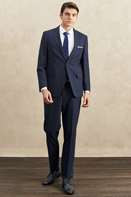 Su Geçirmez Regular Fit Geniş Kesim Mono Yaka Yünlü Nano Lacivert Takım Elbise resmi