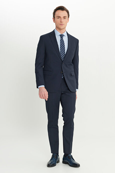 Slim Fit Dar Kesim Mono Yaka Kapak Cep Esnek Lacivert Takım Elbise resmi