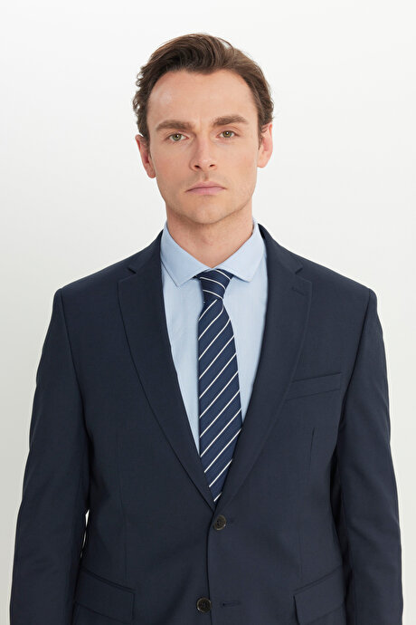 Slim Fit Dar Kesim Mono Yaka Kapak Cep Esnek Lacivert Takım Elbise resmi