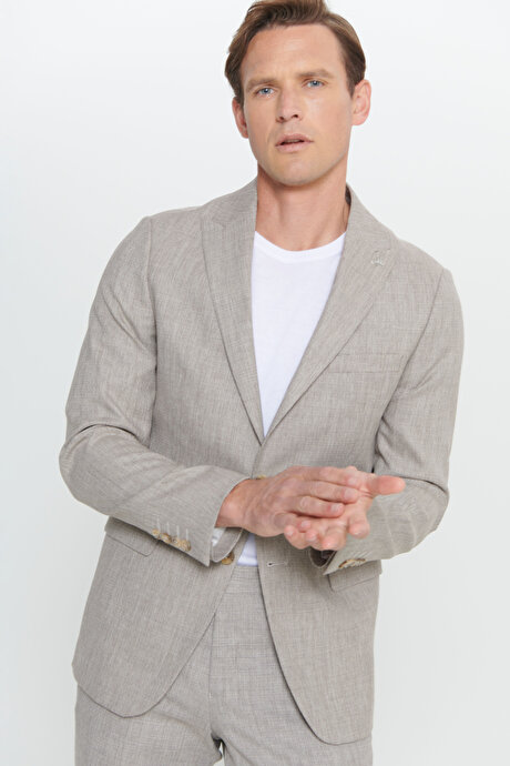 Slim Fit Dar Kesim Kırlangıç Yaka Desenli Açık Kahve Takım Elbise resmi