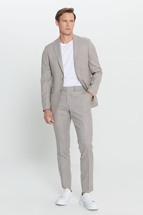 Slim Fit Dar Kesim Kırlangıç Yaka Desenli Açık Kahve Takım Elbise resmi