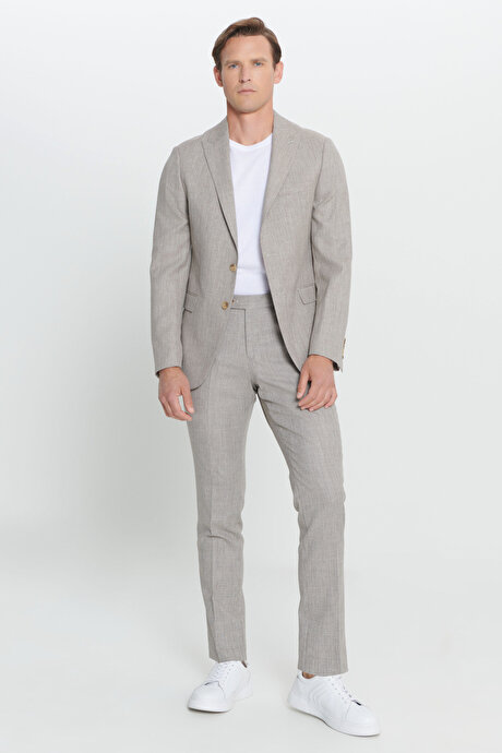 Slim Fit Dar Kesim Kırlangıç Yaka Desenli Açık Kahve Takım Elbise resmi