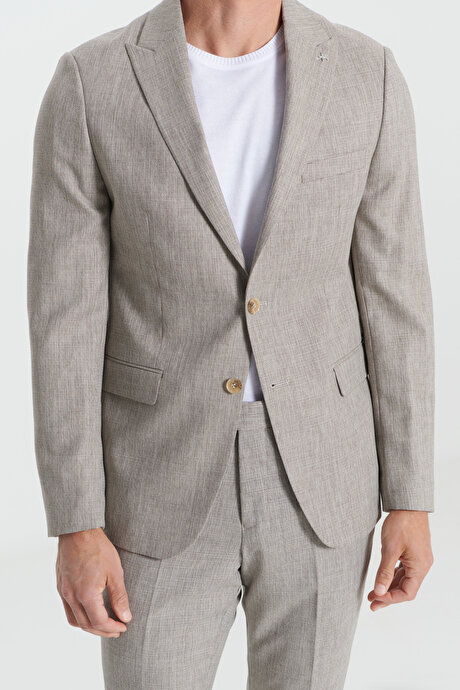 Slim Fit Dar Kesim Kırlangıç Yaka Desenli Açık Kahve Takım Elbise resmi