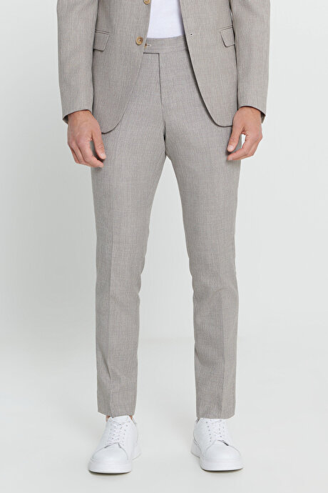 Slim Fit Dar Kesim Kırlangıç Yaka Desenli Açık Kahve Takım Elbise resmi