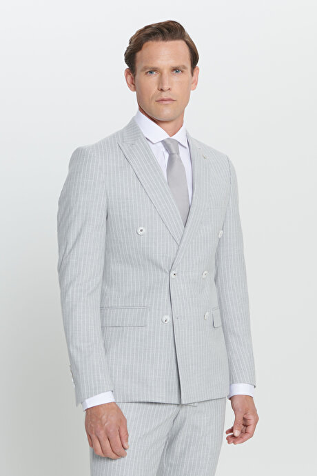 Ekstra Slim Fit Dar Kesim Kırlangıç Yaka Çizgili Açık Gri Takım Elbise resmi