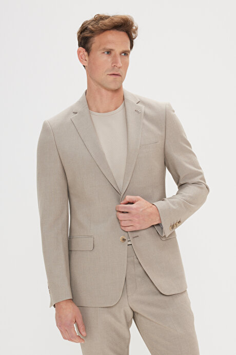 Slim Fit Dar Kesim Mono Yaka Gofre Desenli Bej Takım Elbise resmi