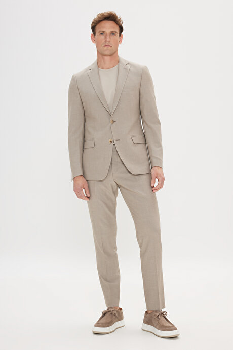 Slim Fit Dar Kesim Mono Yaka Gofre Desenli Bej Takım Elbise resmi