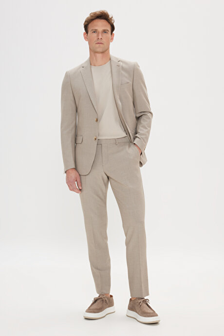 Slim Fit Dar Kesim Mono Yaka Gofre Desenli Bej Takım Elbise resmi