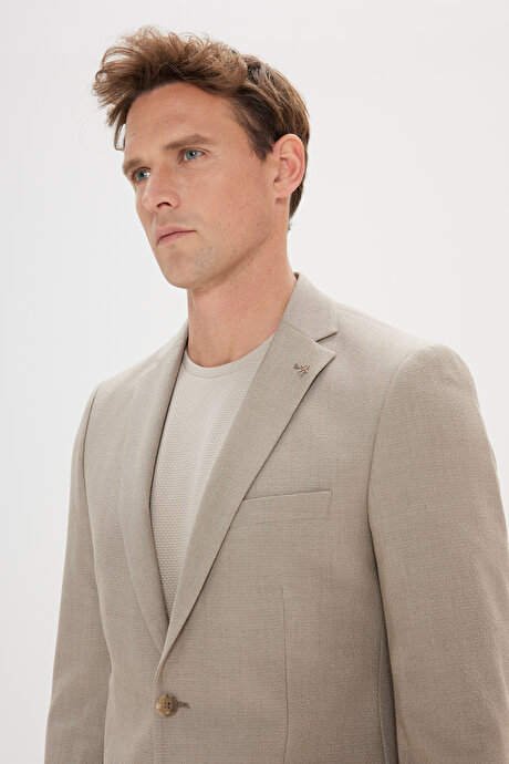 Slim Fit Dar Kesim Mono Yaka Gofre Desenli Bej Takım Elbise resmi