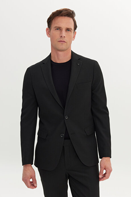 Slim Fit Dar Kesim Mono Yaka Gofre Desenli Siyah Takım Elbise resmi