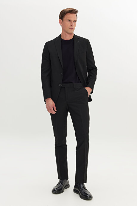 Slim Fit Dar Kesim Mono Yaka Gofre Desenli Siyah Takım Elbise resmi