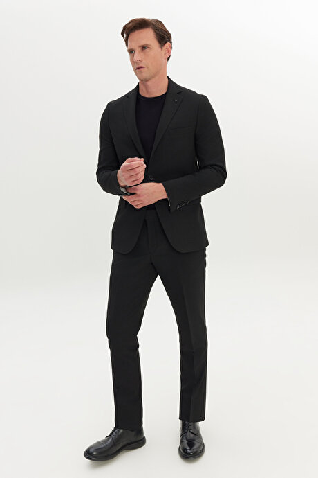 Slim Fit Dar Kesim Mono Yaka Gofre Desenli Siyah Takım Elbise resmi