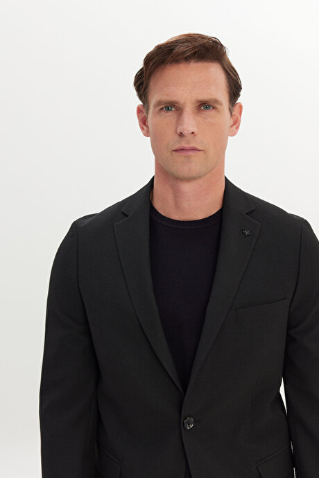 Slim Fit Dar Kesim Mono Yaka Gofre Desenli Siyah Takım Elbise resmi