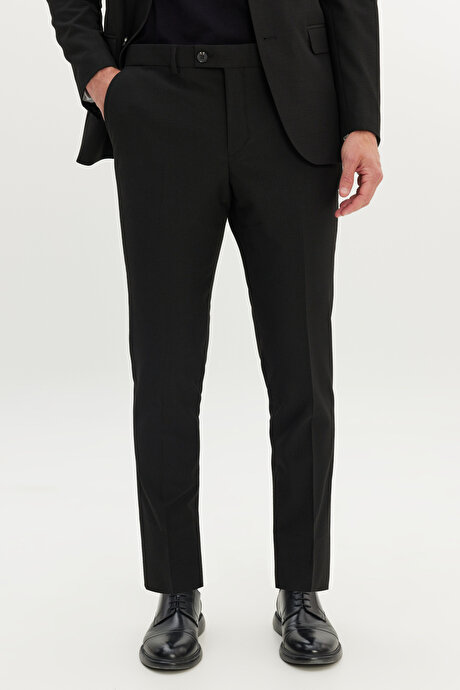 Slim Fit Dar Kesim Mono Yaka Gofre Desenli Siyah Takım Elbise resmi