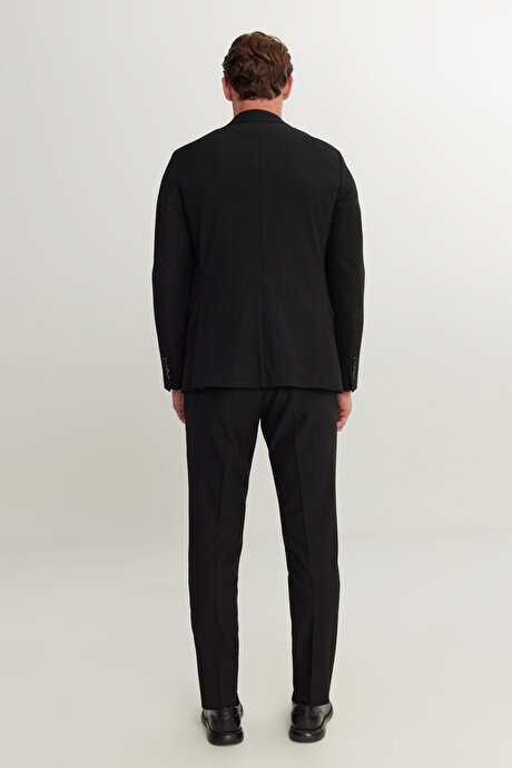 Slim Fit Dar Kesim Mono Yaka Gofre Desenli Siyah Takım Elbise resmi