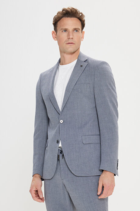 Slim Fit Dar Kesim Mono Yaka Beli Bağlamalı Gofre Desenli Gri Takım Elbise resmi