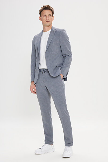 Slim Fit Dar Kesim Mono Yaka Beli Bağlamalı Gofre Desenli Gri Takım Elbise resmi