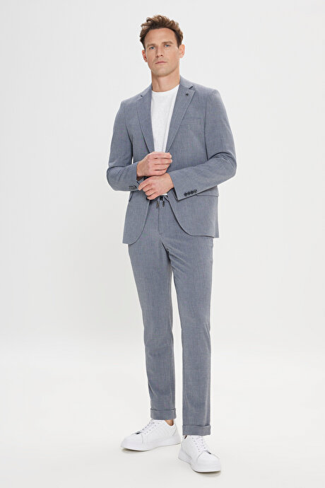 Slim Fit Dar Kesim Mono Yaka Beli Bağlamalı Gofre Desenli Gri Takım Elbise resmi