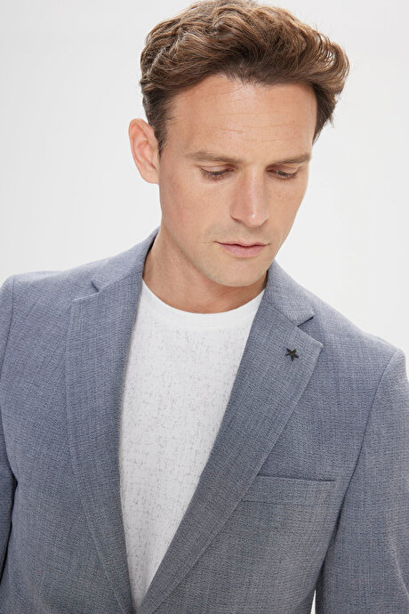 Slim Fit Dar Kesim Mono Yaka Beli Bağlamalı Gofre Desenli Gri Takım Elbise resmi