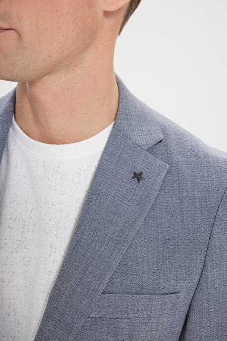 Slim Fit Dar Kesim Mono Yaka Beli Bağlamalı Gofre Desenli Gri Takım Elbise resmi