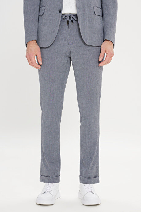 Slim Fit Dar Kesim Mono Yaka Beli Bağlamalı Gofre Desenli Gri Takım Elbise resmi