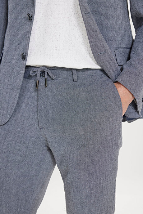 Slim Fit Dar Kesim Mono Yaka Beli Bağlamalı Gofre Desenli Gri Takım Elbise resmi