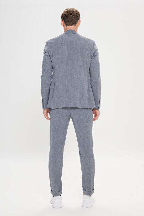 Slim Fit Dar Kesim Mono Yaka Beli Bağlamalı Gofre Desenli Gri Takım Elbise resmi