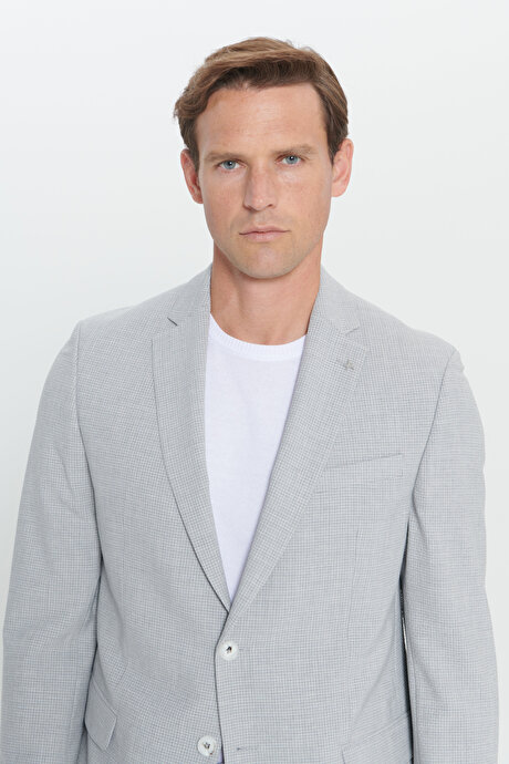 Slim Fit Dar Kesim Mono Yaka Gofre Desenli Açık Gri Takım Elbise resmi