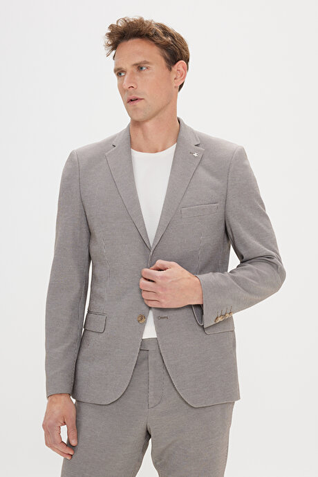 Slim Fit Dar Kesim Mono Yaka Çizgili Vizon Takım Elbise resmi